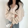 Autumn and winter new twist sweater jacket for women age-reducing and thin V-neck lantern sleeves loose knitted sweater for women