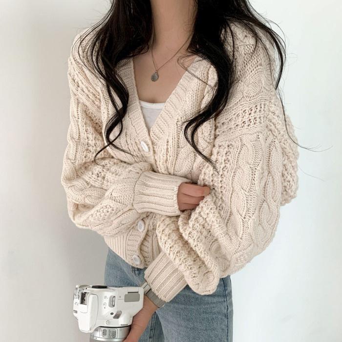 Autumn and winter new twist sweater jacket for women age-reducing and thin V-neck lantern sleeves loose knitted sweater for women