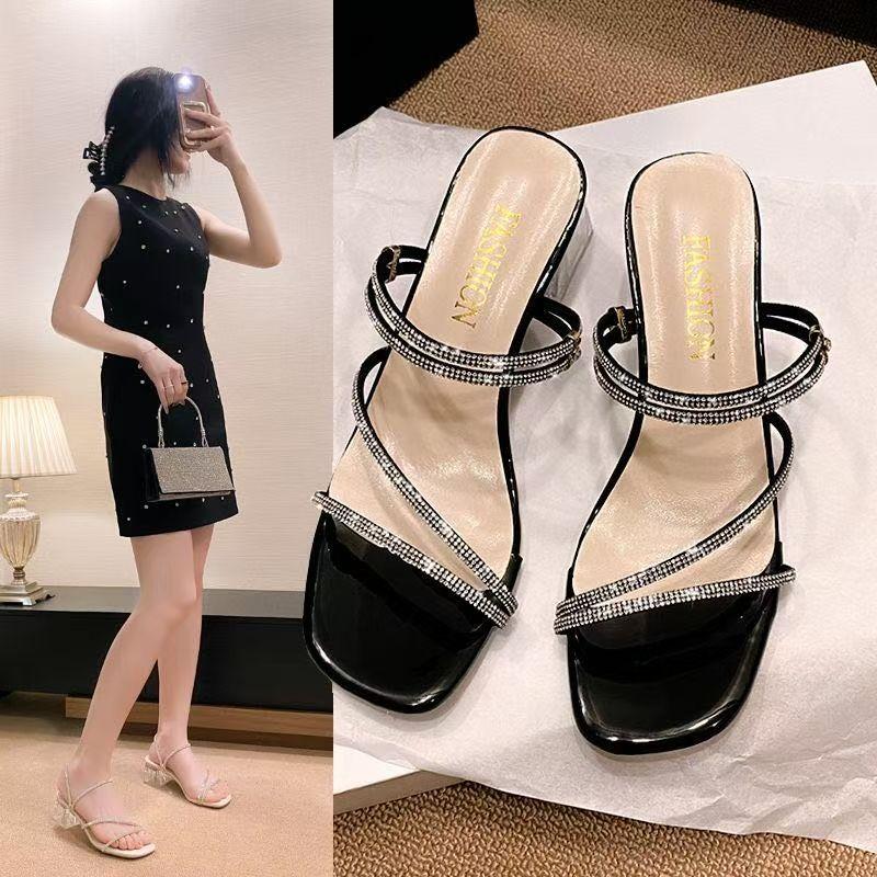 2025 Summer Women's French Rhinestone Mid-Heel Slide Sandals Fairy Elegance Versatile for Daily & Date Dress Outfits.