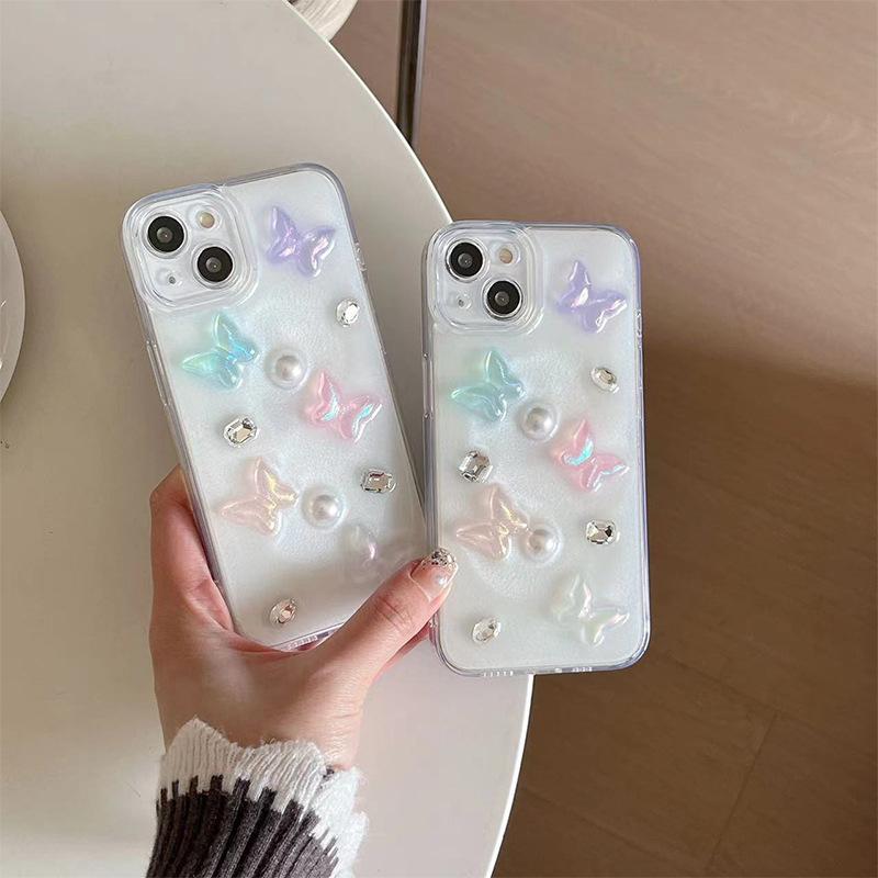 Color Butterfly Rhinestone Pearl Mobile Phone Case For Iphone17Promax Fine Hole All-Inclusive Apple 16 Anti-Drop Soft