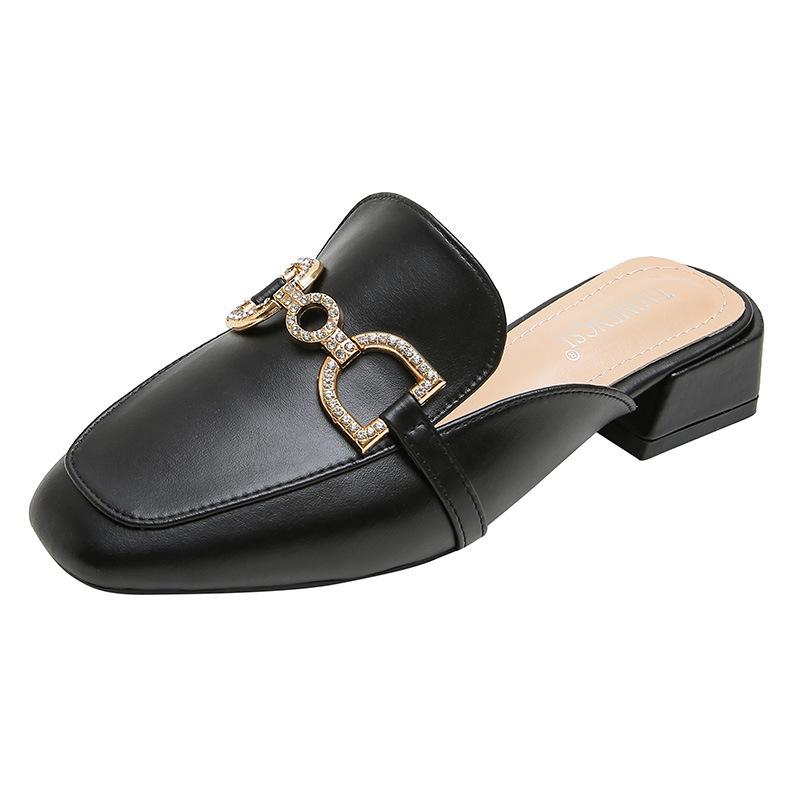 -Sandály dámské letní líné poloviční pantofle kamínková přezka silný podpatek sandály jednoduché boty dámské