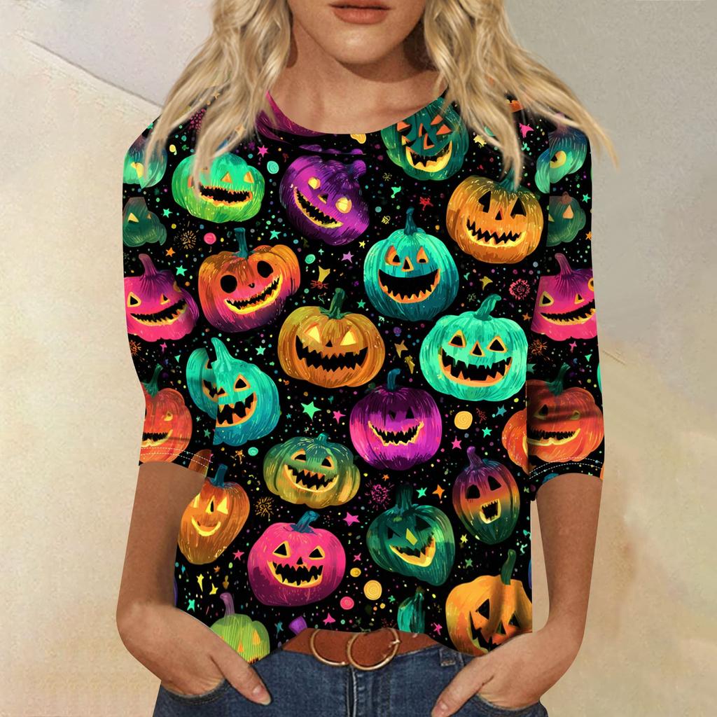 Women Halloween Pumpkin Print 3/4 Sleeve Shirt Round Neck Loose Fit Casual T-Shirt Top for Fall Seasonal Wear
