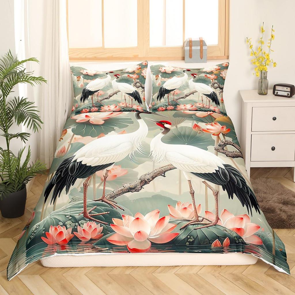 White Crane Down Duvet Cover Queen King Size Wild Bird Animal Bedding Set Ink Painting Quilt Cover Trees Branches Plants 3 Pcs