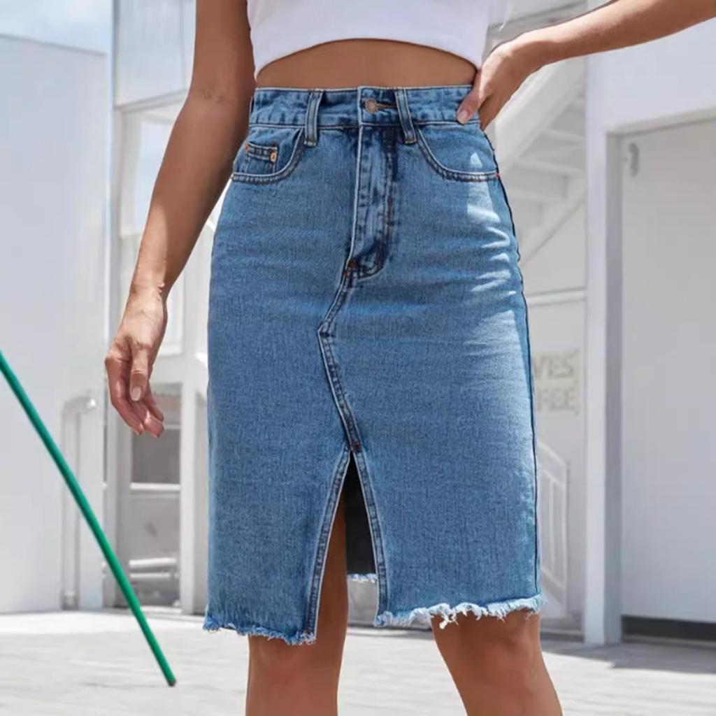 Women's High Rise Midi Skirt Pencil Fit Slit Fringe Streetwear Denim Skirt