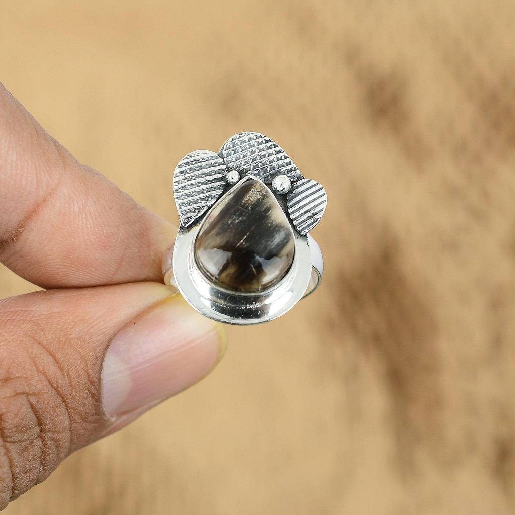 925 Sterling Silver Natural Peanut Wood Jasper Promise Statement Ring Jewelry