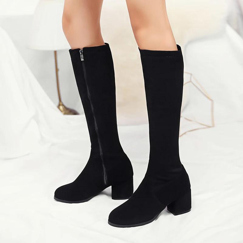 Fashion 2025 Autumn Winter Block High Heels Boots Beige Black Women Shoes Long Knight Ride Zip Knee High Boots Female Shoe Size 34-43