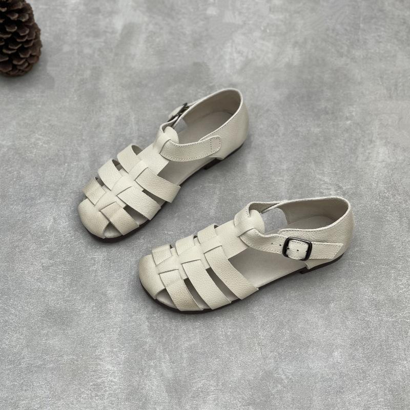 Johnature Genuine Leather Roman Sandals Retro Casual Solid Color Cowhide Soft Sole Flat Women's Shoes