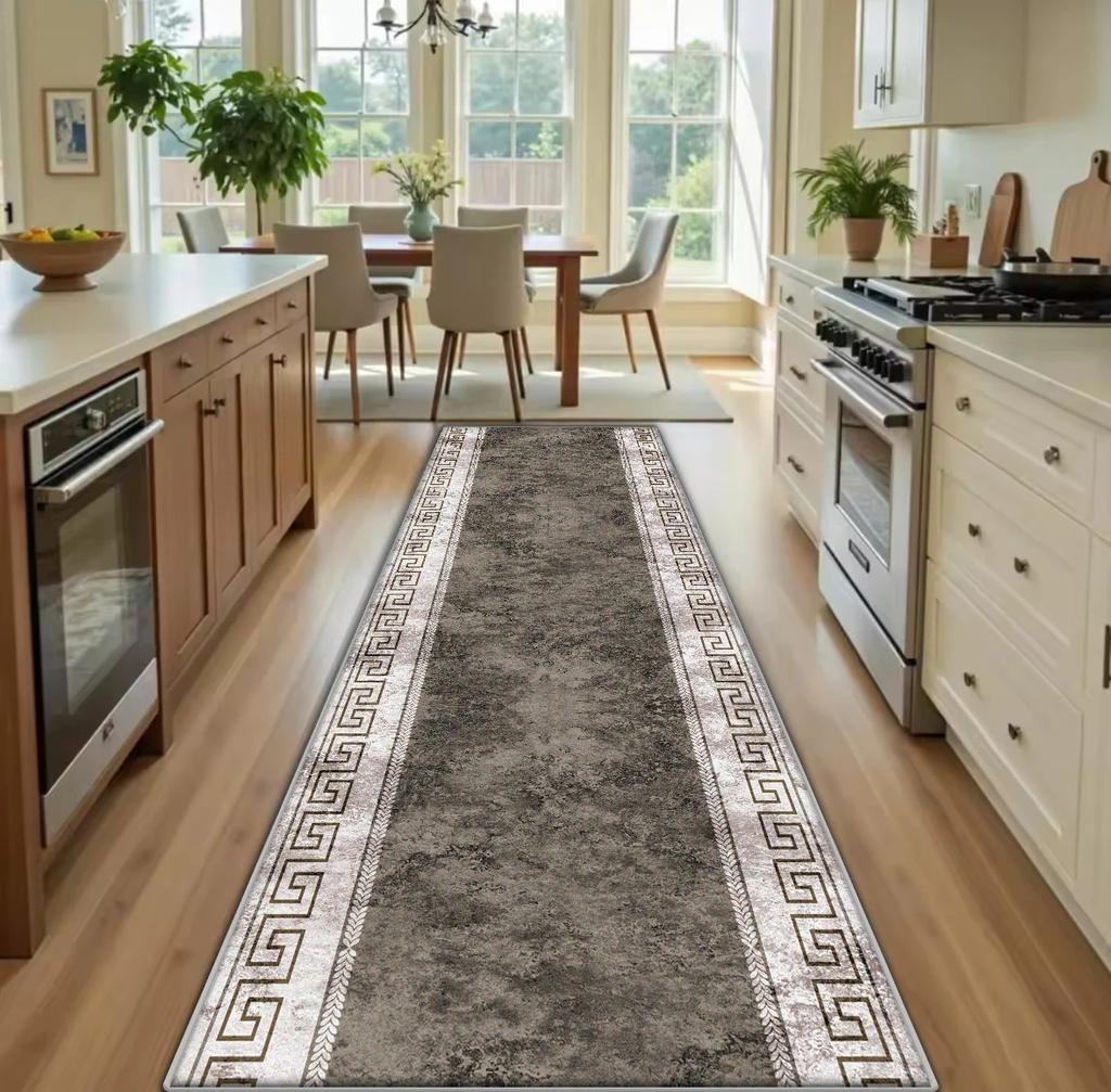 Luxury Greek Key Marble Runner Rug, Modern Grey Geometric Long Floor Mat for Kitchen Hallway, Non-Slip Washable Carpet