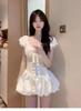 French first love girl white bubble sleeve dress female slim design bow bud short skirt summer