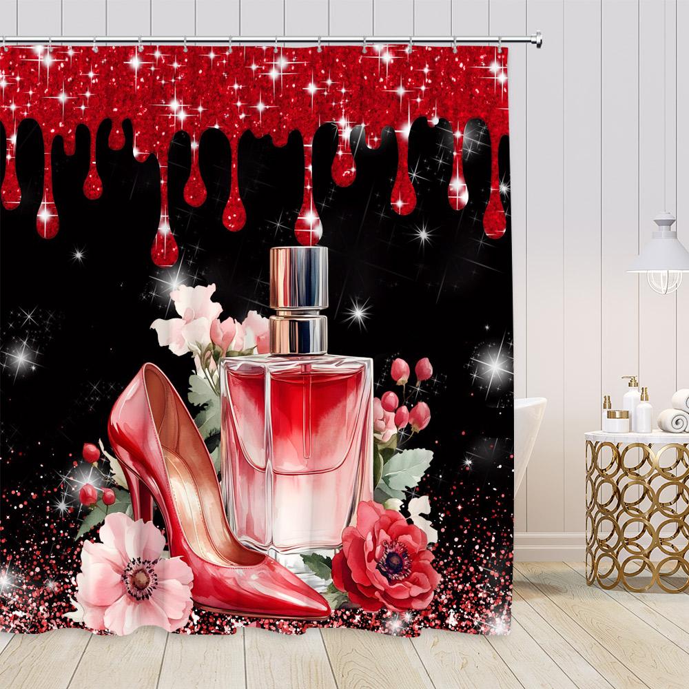 Pink Perfume Shower Curtains Cosmetics High Heels Flowers Black White Stripes Bathroom Decor Girl Fashion Vintage Bath Curtain