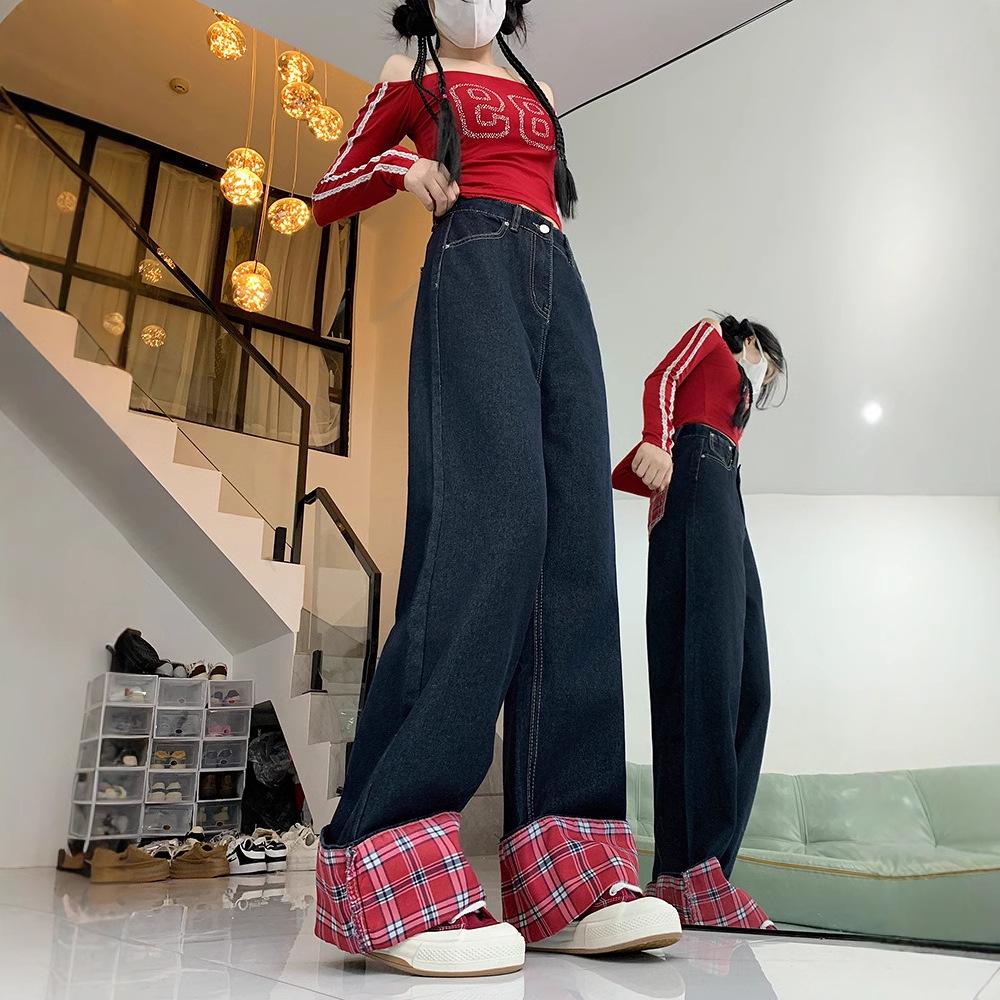 Women's High-Waist Red Plaid Patchwork Wide-Leg Jeans - Retro Style, Plus Size, Slimming Fit for 2024 Autumn/Winter
