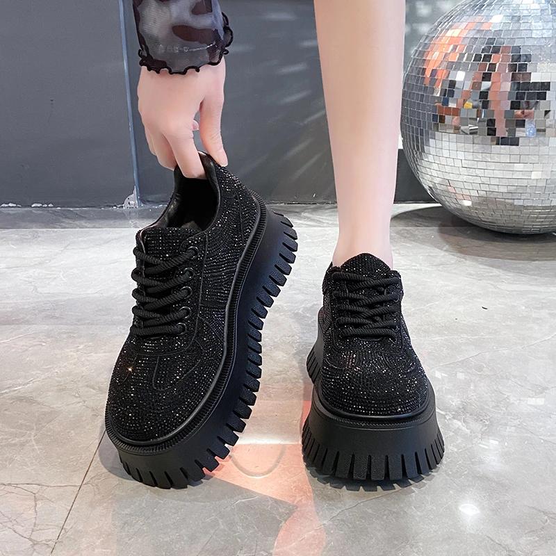 Women's Shoes Platform Sole Casual Lace-up Rhinestones 7cm Heel High Shoes Women Leisure Dress Fashion Shine Zapatillas De Mujer