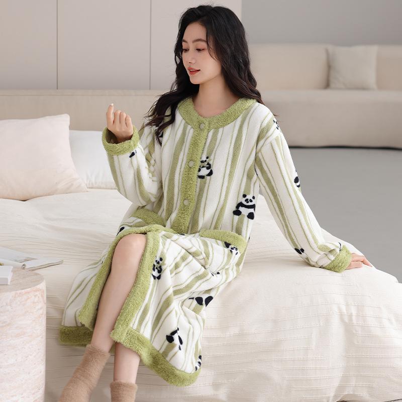 

Женская ночная сорочка Пижама Зимний коралловый флис Флис Утолщенный Осенне-зимний Фланелевый халат Кардиган Премиум Домашняя одежда XL