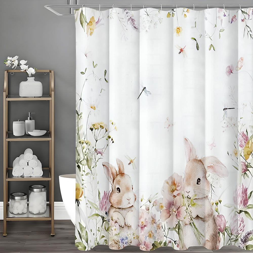 Easter Bunny Shower Curtain Pink Watercolor Flowers Leaves Cute Bunny Flower Happy Easter Spring Holiday Bathroom Decorative Sho