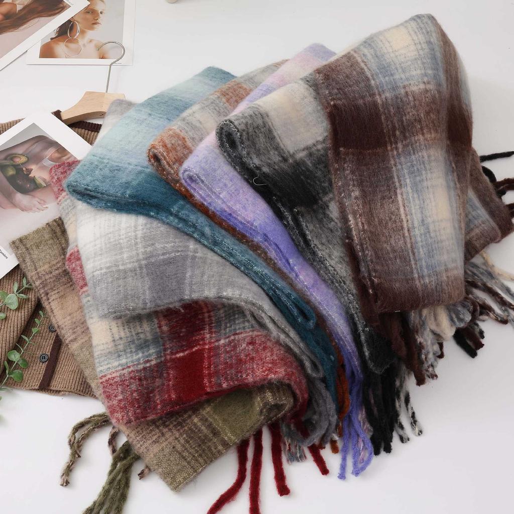 Winter Mohair Plaid Fringed Scarf Women's Thickened Warm High-end Scarf Simple Versatile Fashion Scarf