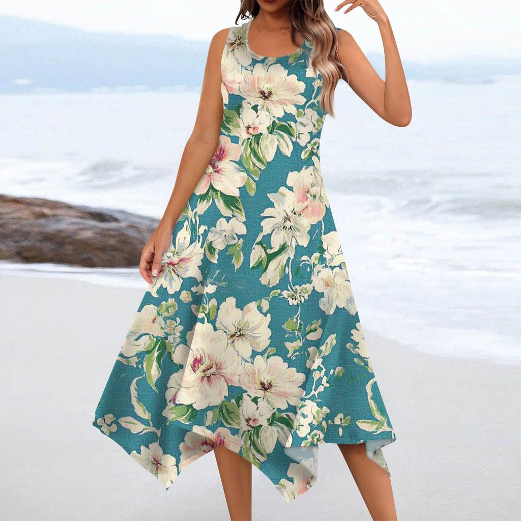 Women's Casual Fashion Round Neck Sleeveless Floral Print Irregular Hem Midi Dress