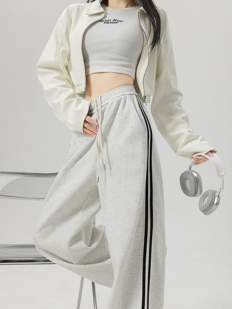 Women's American-Style Sweatpants with Side Stripe - High Waist, Slimming, Wide Leg - Spring/Autumn 2024