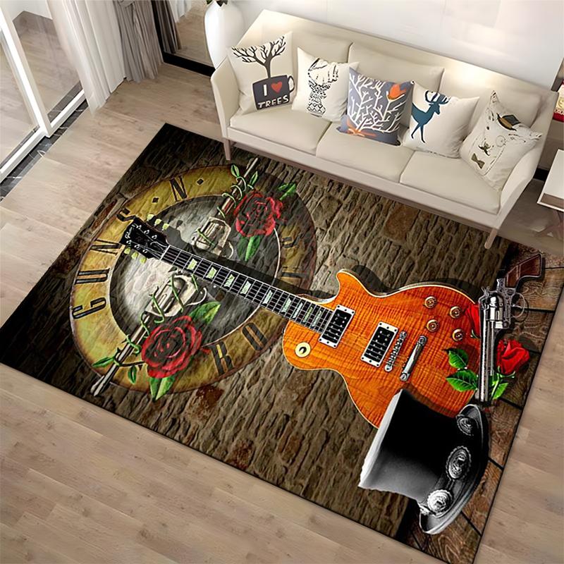 "Rock Style Carpet with Guitar, Hat, Roses, Pistol, and Clock Design" Suitable for use as an anti-slip for living room bedroom sofas