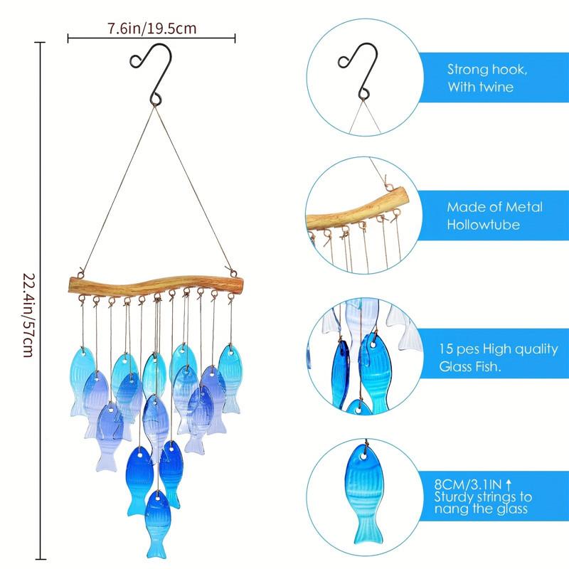 Handmade Blue Glass Fish Wind Chime Large Outdoor/Indoor Hanging Decor