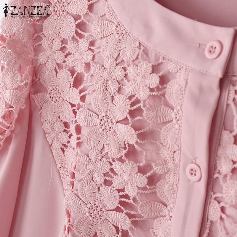 ZANZEA Womens Casual Lace Patchwork Round Neck Half Sleeve Blouse