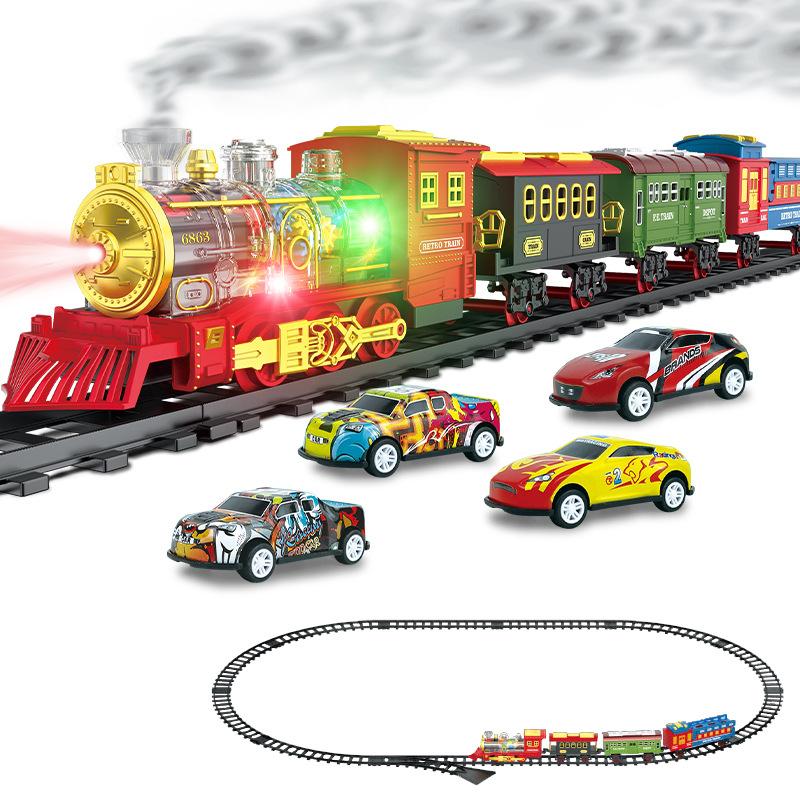 Children'S Electric Sound And Light Steam Transparent 7-Color Wheel Track Train Diy Assembly Track Ejection Car Toy