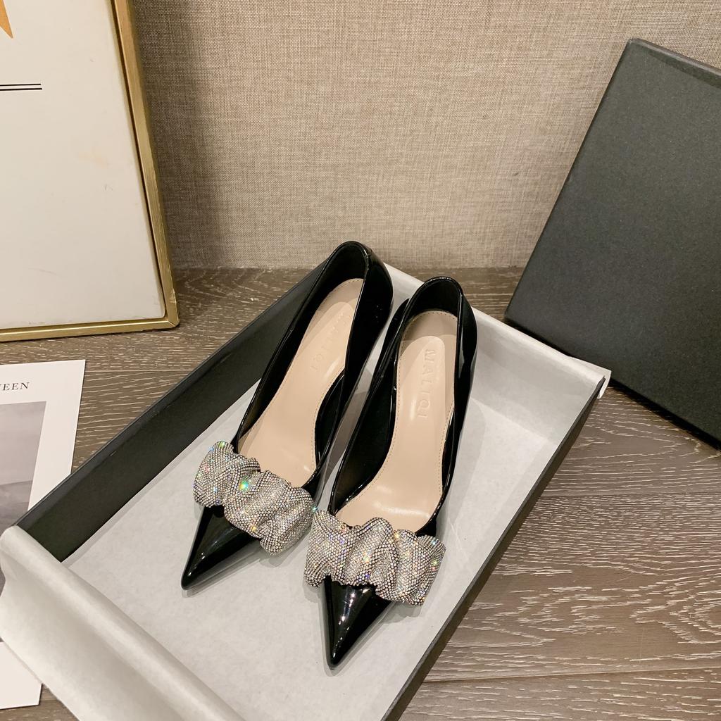 New pointed thin heel rhinestone sexy shallow mouth female king single shoes women's black suede high heels