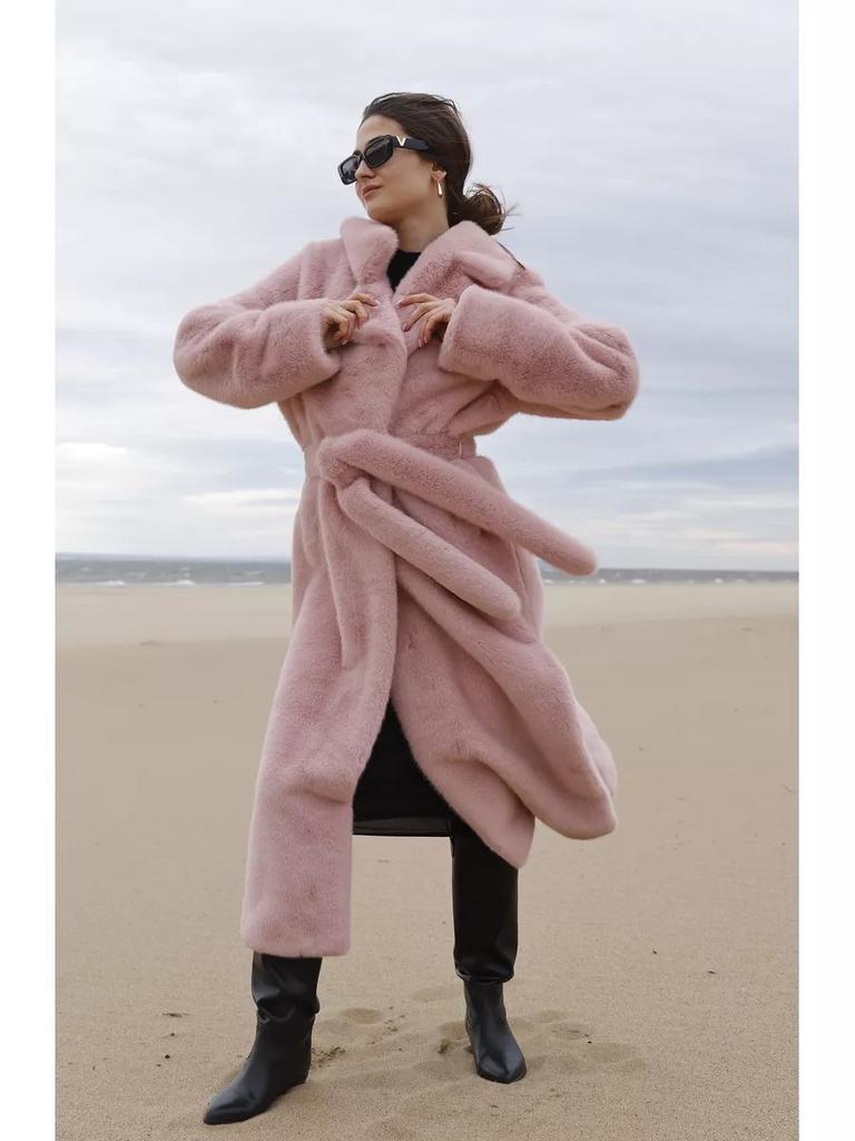 Faux Fur Long Coats Women Jackets Overcoats Lace Up Turn Down Collar Full Sleeve Open Stitch Thick Loose Y2k  Autumn Winter