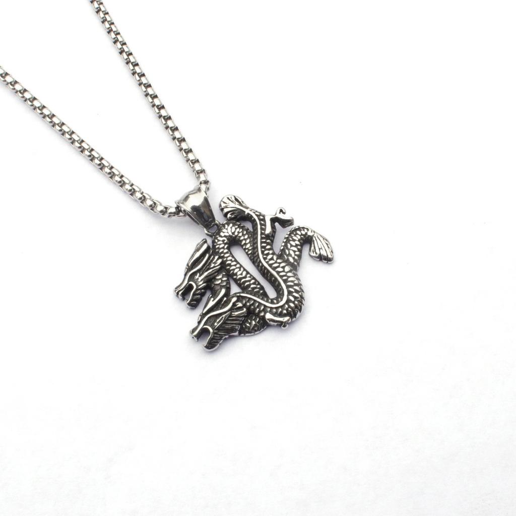 Jewelry Double Dragon Divine Dragon Pendant Necklace Punk Retro Trendy Male Divine Dragon Titanium Steel Pendant