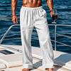 Men's Beige Textured Linen Blend Beach Pants, Casual Drawstring Elastic Waist Loose Fit Trousers