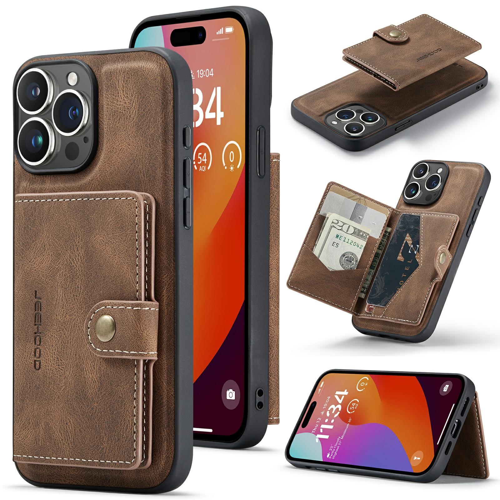 

For iPhone 15 Pro Case Kickstand Card Bag Detachable 2-in-1 Phone Cover Brown