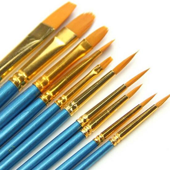 10x Round Pointed/Flat Tip Nylon Hair Acrylic Watercolor Artist Paint Brush