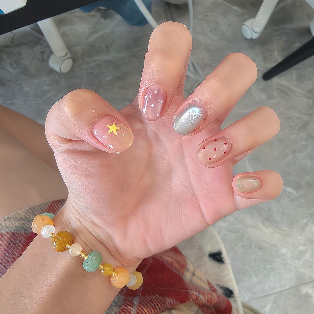 Sweet Summer Candy Color Cat Eye Nails - Macaron Polka Dots & Cute Stars in Short Oval Shape