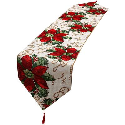 Inyahome Christmas Decorative Table Runner Jacquard Weave Red Poinsettia Green Leaves Beige Christmas Flower Soft Table Cloth