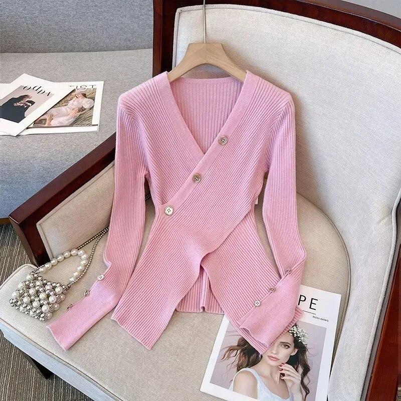 French Style Slim Fit Pullovers Knit Tops Solid Color V-neck Sweaters Autumn And Winter  Long Sleeve Women Clothes 29763