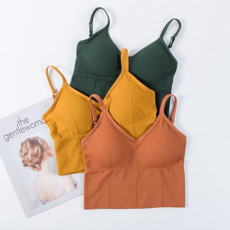 Wirefree Camisole Cropped Tank Top Women Seamless V Neck Removable Yoga Fitness Sport Underwear