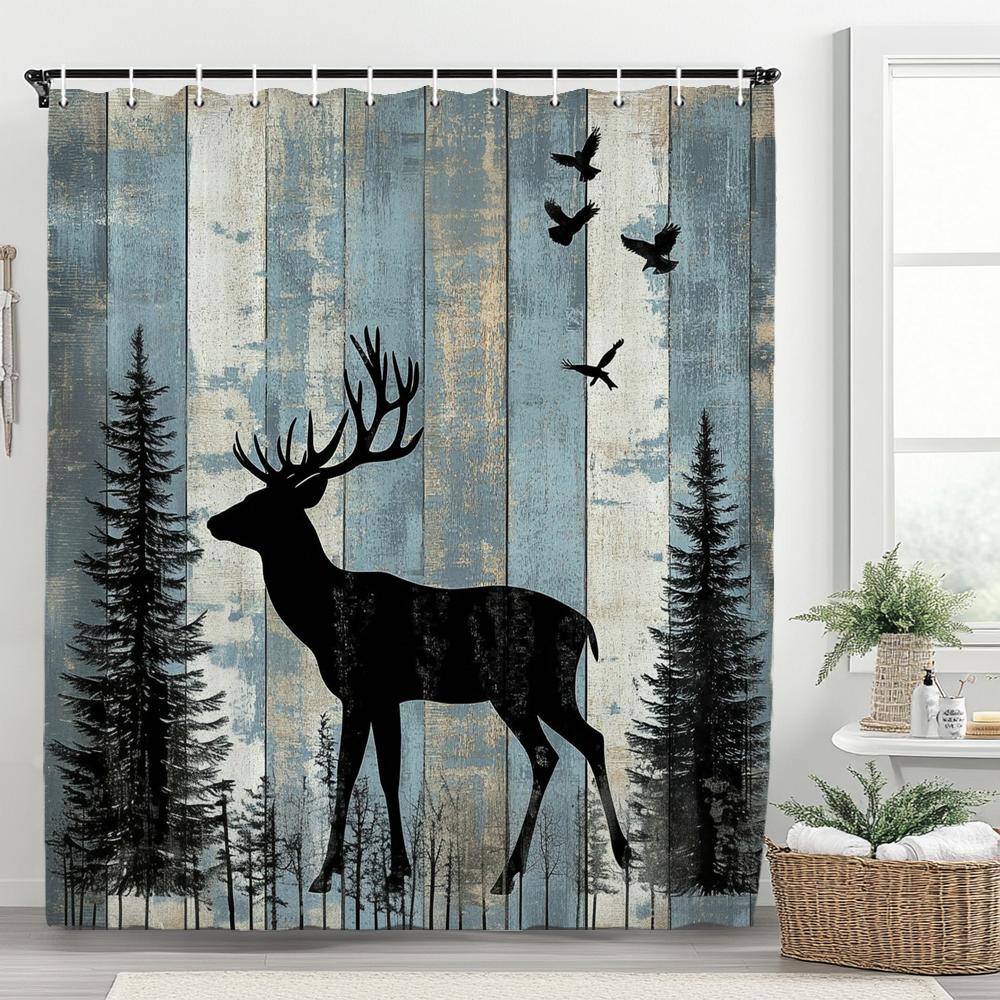 1Pc Forest Animal Deer Shower Curtain, Bathroom Decorative Shower Curtain, Printed Polyester Fabric Shower Curtain With Hooks