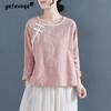 Women's Vintage Chinese Ethnic Style Cotton Linen Blouse Fashion Patchwork Chic Loose Shirt Solid Long Sleeve Tops Blusas Mujer