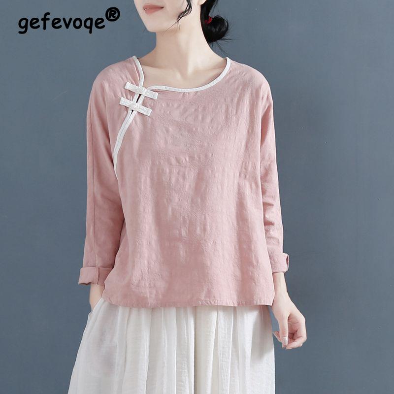 

Women s Vintage Chinese Ethnic Style Cotton Linen Blouse Fashion Patchwork Chic Loose Shirt Solid Long Sleeve Tops Blusas Mujer L рожевий