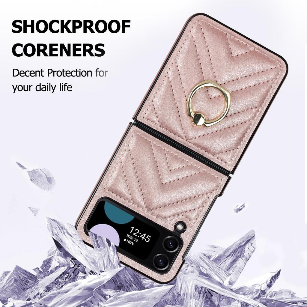 Fashion Leather Phone Case with Ring Bracket for Samsung Galaxy Z Flip 5 Case Z Flip 4 Case Z Flip 3 Folding Screen Anti-fall Protection Cover
