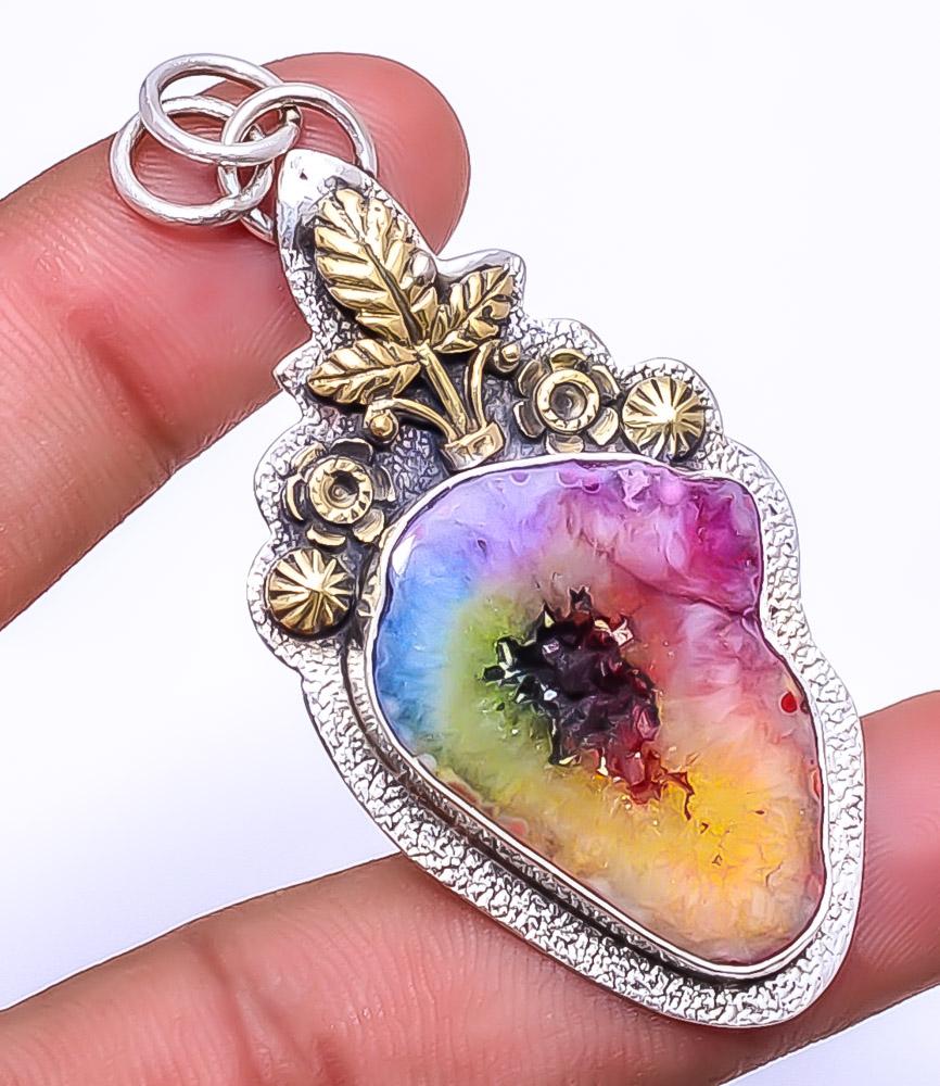 

Rainbow Solar Eye Quartz Drusy 925 Sterling Silver Two Tone Pendant 2.46 P52_10