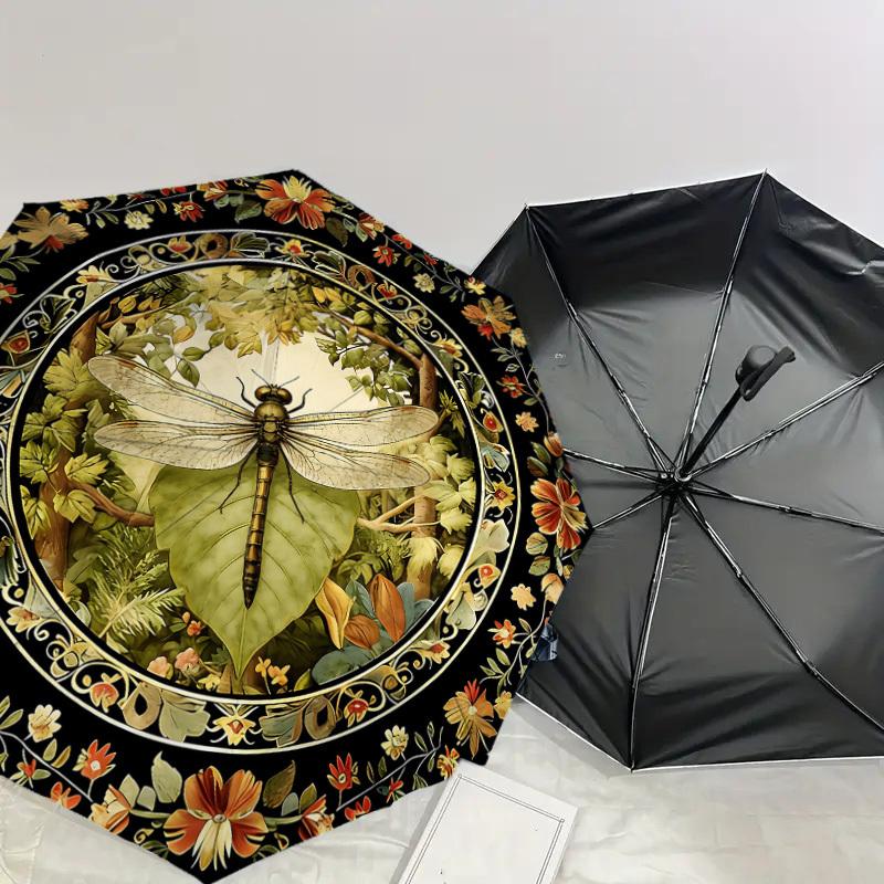 1PC Dragonfly Floral Umbrella-8-Rib Reinforced, Automatic Open, Lightweight & Durable, Cute Fashion Accessory for Outdoor, Beach or Casual Use, Beach