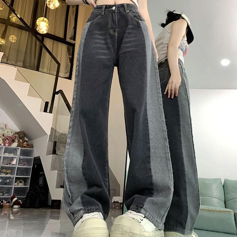 

Vintage Contrasting Colors Loose Jeans Female Clothing High Waist Denim Pants Wide Leg Chic American Patchwork Straight Trousers S темно-сірий колір