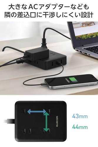 Elecom Power Strip with USB, 20W, PD Compatible, 1 Type-C, 2 USB-A, 8 AC Plugs, 1.5m, Lightning Guard, Dust Protection Shutter, Black, ECT-44-8A2C15BK