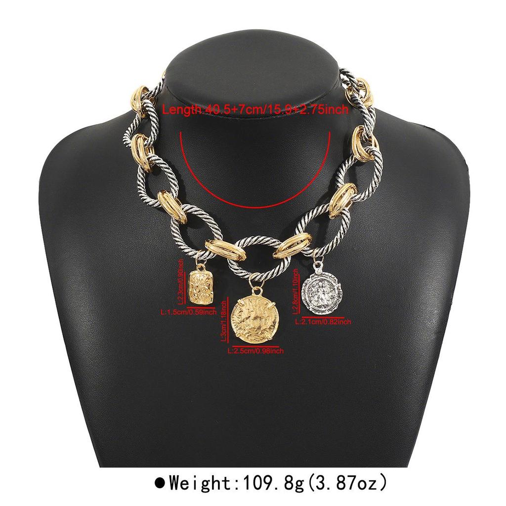 European & American Style Braided Chain Necklace with Coin Alloy Pendant