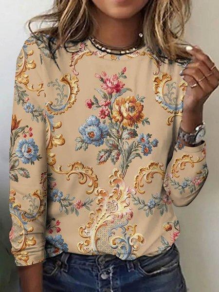 Round Neck 3D Flower Printed Top Fashionable Casual Long Sleeved Women's T-shirts
