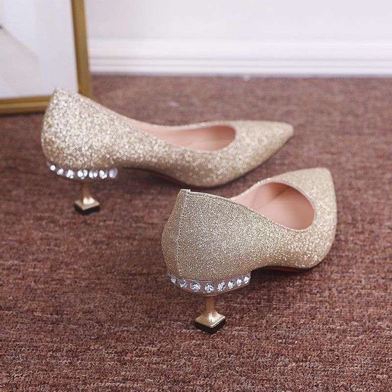 Wedding Shoes Women 2025 New Bridal Shoes Sequined Versatile Dress High Heels Stiletto Low Heels Wedding Shoes Crystal Shoes
