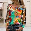 Plus Size Women Asymmetric Shoulder Long Sleeve Top Vibrant Tropical Leaf Print Mesh Lace Splicing Blouse