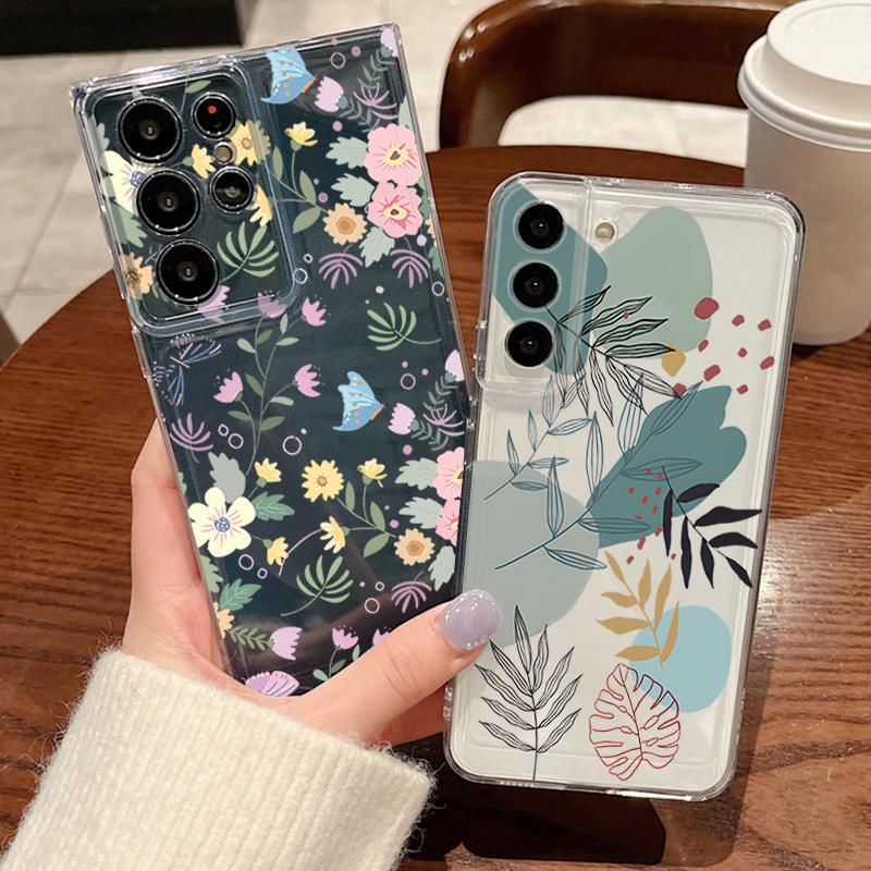 Flower Leaf Patterned Phone Case For Samsung Galaxy S26 S25 S24 S23 Ultra S22 Plus S24 S21 FE S25 Edge Clear Silicone Soft Cover