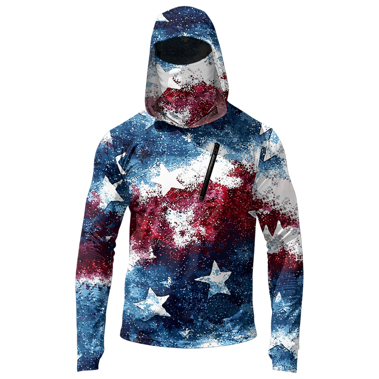 

Men s Casual Hooded Long Sleeve Sun Protection Shirt Lightweight Breathable Fabric with Independence Day Print Design for Outdoor Activities L синий
