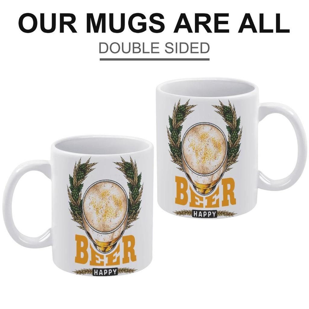 1pc 11oz White Ceramic Mug with Double-Sided Print for Beer Fans, Perfect Daily Coffee Cup, Great for Work or Home